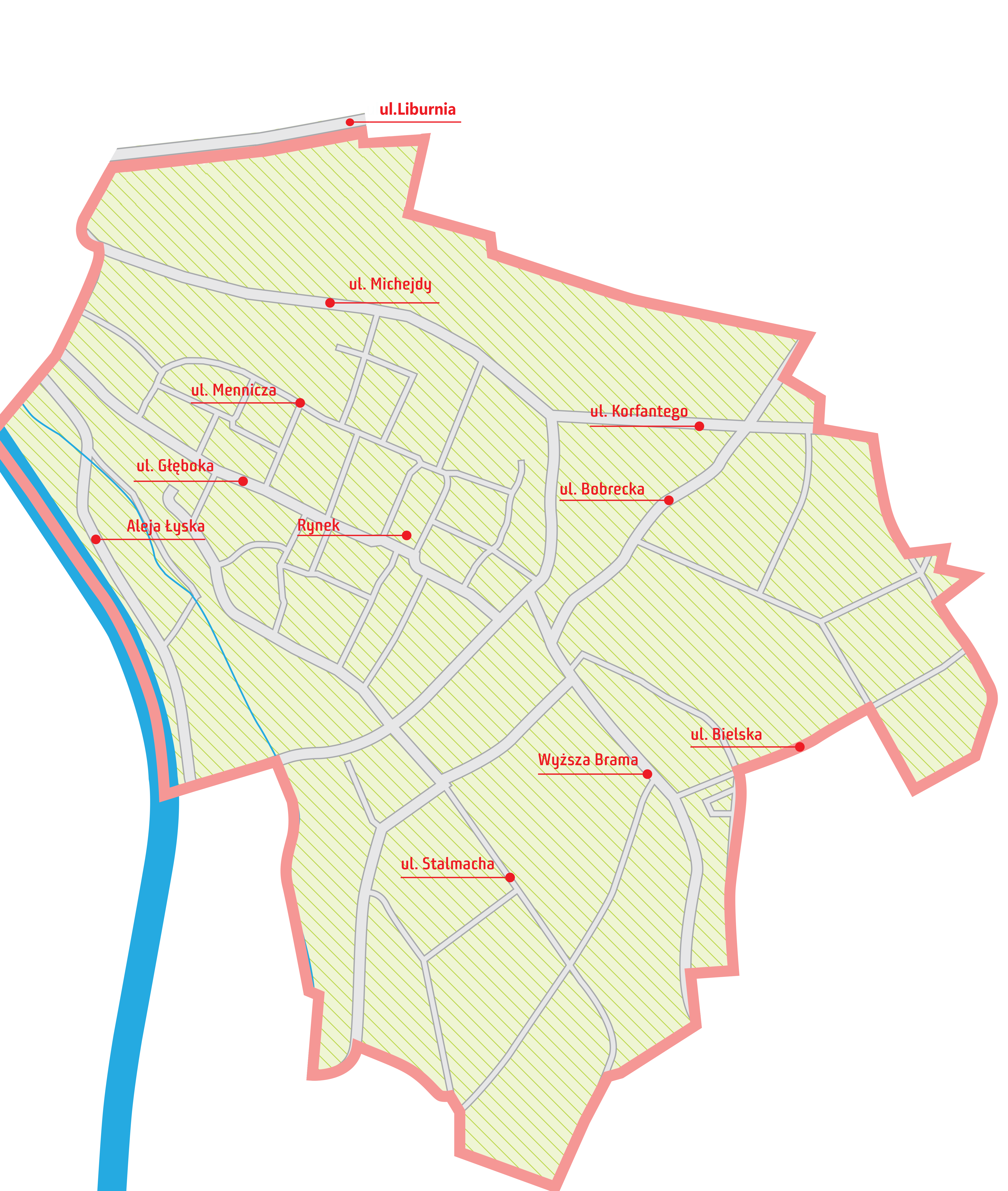 Mapa obszaru objętego konsultacjami społecznymi w obszarze planowania przestrzennego
                            obejmującego tereny położone w śródmieścia Cieszyna. Lipiec 2020 - Czerwiec 2021